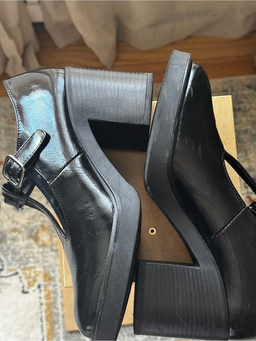 Maeve Black Patent T-Strap Mary Janes with Silver Buckles